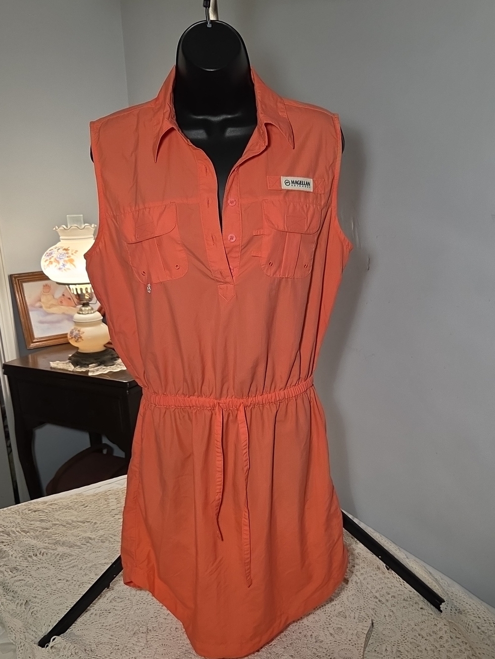 Magellan Outdoors Coral Sleeveless Drawstring Waist Shirt Dress